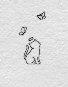 a drawing of a cat with butterflies flying around