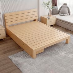 a bed with wooden slats in a bedroom