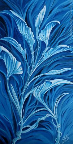 an abstract painting of blue flowers