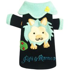 a black sweater with a dog on it's chest and green trimmings