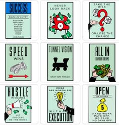 six different business cards with the words, speed wins and an image of money coming out of