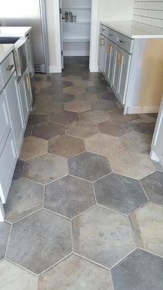 a kitchen floor with hexagonal tiles on it