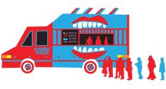 a red and blue food truck with teeth on it's side, surrounded by silhouettes of people