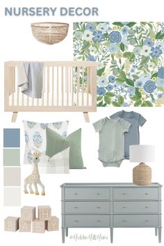 Blue and green baby girls nursery decor mood board with floral wallpaper and a wooden crib! Pink Green And Blue Nursery, Navy Blue And Sage Green Nursery, Dusty Blue And Sage Nursery, Green And Blue Nursery Gender Neutral, Blue Green Master Room, Steel Blue Nursery, Sage Green And Navy Nursery, Dusky Blue Nursery, Blue Nursery Dresser