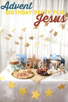 an image of a birthday party for jesus with cake and desserts on the table