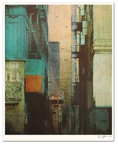 an abstract painting of buildings and signs in the city art print by artist mark smith