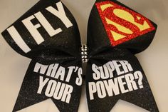 "Cheer Bow iFly Whats Your SUPERPOWER ? by BlingItOnCheerBowz This listing is for a new, handmade (by me) cheer bow. It is on a thick black hair tie and is a BIG bow made on 3\" grosgrain ribbon. Measures about 7 1/2 inches across. Gorgeous ALL my bows are shipped carefully in a BOX so it will be as perfect when received as it was when I made it! If you are buying multiple bows, I do offer free shipping on team orders- HOWEVER free shipping has the longest turnaround time and ships the slowest ( Cheer Extreme, Cheer Ideas, Cheer Camp