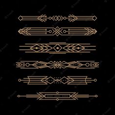 an art deco design with gold lines and arrows on black background, in the style of art deco