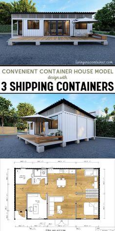 two story house plans with 3 shipping containers on each floor and an open floor plan for the