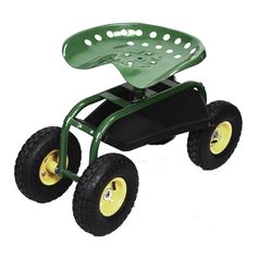 a green wagon with two wheels and a basket on the back, is shown against a white background