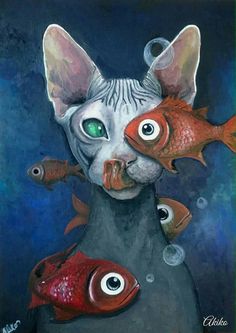 a painting of a cat with two fish on it's back and one in the middle