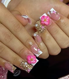 Acrylic Nails Yellow, Diy Acrylic Nails, Glamour Nails, Pretty Gel Nails, Gem Nails, Bling Acrylic Nails, Pink Acrylic Nails, Square Acrylic Nails, 18th Birthday