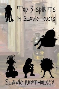 the silhouettes of people and animals are shown in this graphic art work, with text that reads top 5 spirits in slavic mythology