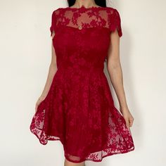 French Connection Red Lace A Line Dress Sz 4. Deep V Back, With Zipper. Beautiful Laced Neckline. Worn Once To A Wedding Lace A Line Dress, French Connection Dress, Line Dress, Red Lace, French Connection, Deep V, A Wedding, A Line Dress, A Line