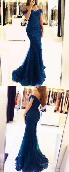 Charming Appliques Tulle Prom Dress, Sexy Off Shoulder Mermaid Long Evening Dress 0865 by RosyProm, $168.99 USD Navy Blue Lace Prom Dress, Navy Blue Mermaid Prom Dress, Pageant Dresses For Teens, Prom Dresses Off The Shoulder, Dresses Off The Shoulder, Elegant Bridesmaid Dresses, Blue Mermaid