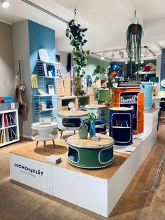 a room filled with lots of furniture and plants on top of it's shelves