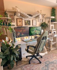 a computer desk with two monitors on top of it and a chair in front of it