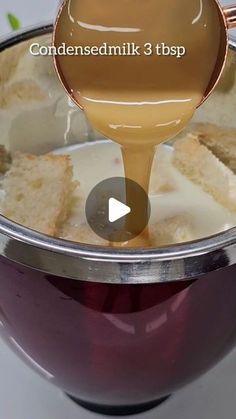 a spoon is pouring caramel sauce on top of cake slices in a pot with the words condenseedmik 3 tsp