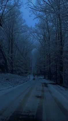 the road is covered in snow and has no cars or people on it, as well as trees