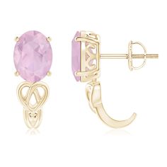 Designed with Celtic knot motifs, these ornamental J-hoop earrings in 14k yellow gold symbolize eternity. The solitaire oval rose quartzes are secured in prong settings and exhibit a blossomy pink hue. Rose Quartz Earrings, Quartz Earrings, Celtic Knot, 18k Rose Gold, Prong Setting, Rose Quartz, Knot, Platinum, Gold Bracelet