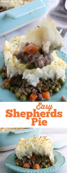 a blue plate topped with mashed potatoes and peas