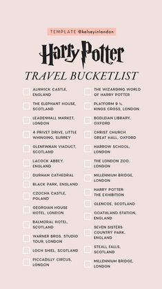 the harry potter travel bucket list is shown in black and white on a pink background