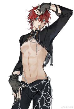 an anime character with red hair and black pants holding his hands up to his head