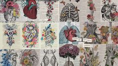 a collage of medical images with flowers and hearts on them, including the human heart