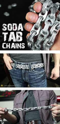 a man is holding a chain around his waist with the words soda tab chains on it