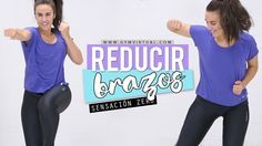 two women in purple shirts and black leggings with the words reducir bros