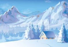 a snowy mountain landscape with a house in the foreground