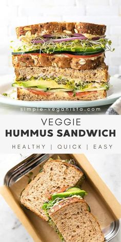 the veggie hummus sandwich has been cut in half and is ready to be eaten