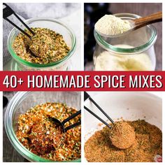 four different pictures with the words 40 homemade spice mixes in them, including seasonings and spices