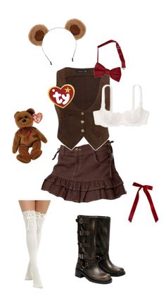 a teddy bear is dressed up as a woman in brown outfit and boots with white stockings