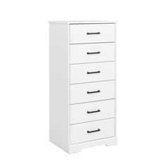 a white dresser with five drawers on it