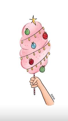 a drawing of a pink ice cream cone with christmas decorations on it's top