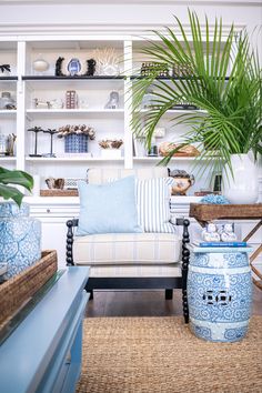 a living room with blue and white decor on the walls, furniture and plants in vases