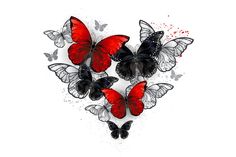 a group of red and black butterflies flying through the air