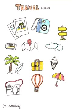 an image of travel related items drawn by hand