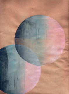 an abstract painting with two circles on top of each other in blue, pink and beige