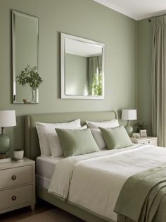 a bedroom with green walls and white bedding, two mirrors above the headboard