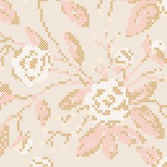 a cross stitch pattern with pink and white flowers on beige background, designed in the style of pixelism