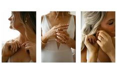 three pictures of a woman wearing rings and holding her hands to her chest with both hands