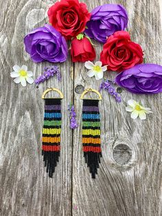 Colorful Beaded hoop earrings Rainbow colours Sparkle Handcrafted with Japanese glass seed beads 4 inches long from ear piercing Ready to ship https://www.etsy.com/ca/shop/Joseefromthenorth Rainbow Bead Earrings, Fringed Earrings, Pride Earrings, Earrings Patterns, Multicolor Jewelry, Long Fringes, Artisan Gift, Rainbow Beads, Earrings Beaded