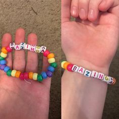 two pictures of a child's hand with colorful beads and name bracelets on it