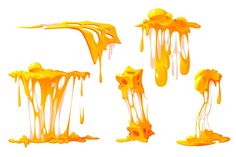 yellow liquid flowing down the side of each other on a white background in different stages