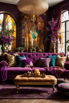 Immerse yourself in the regal opulence of this exquisite living room. The room showcases rich aubergine walls, which serve as the perfect canvas for resplendent stained glass windows radiating hues of gold, sapphire, and teal. A luxurious purple velvet sofa stands out, adorned with lustrous gold and turquoise cushions, evoking images of royal courts from yesteryears. The shimmering drapery, cascading gracefully, adds a touch of ethereal beauty. Purple Living Room Ideas, Purple Interior Design, Lavish Living Room, Purple Furniture, Purple Couch, Purple Room Decor, Purple Living Room, Teal Living Rooms, Purple Sofa