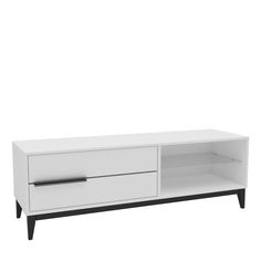 a white and black entertainment unit with two drawers on one side, an open drawer on the other