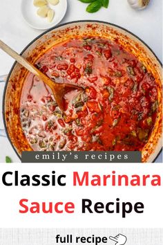 the recipe for classic marinara sauce in a skillet