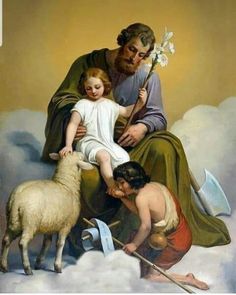 a painting of jesus with two children and a sheep